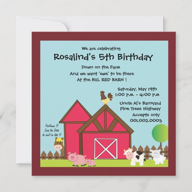 Barnyard Birthday party invites -blue (Front)