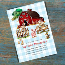 Barnyard Blue Plaid Farm Animals Baby Shower Boy Invitation