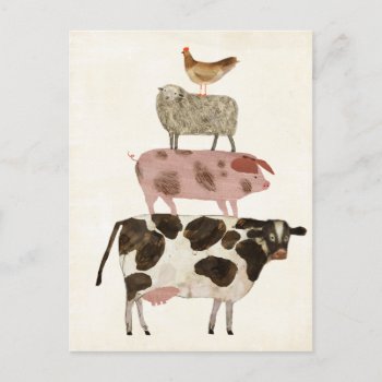 Barnyard Buds - Cow  Pig  Sheep  And Hen Postcard by worldartgroup at Zazzle