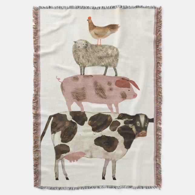 Barnyard Buds - Cow, Pig, Sheep, and Hen Throw Blanket (Front Vertical)