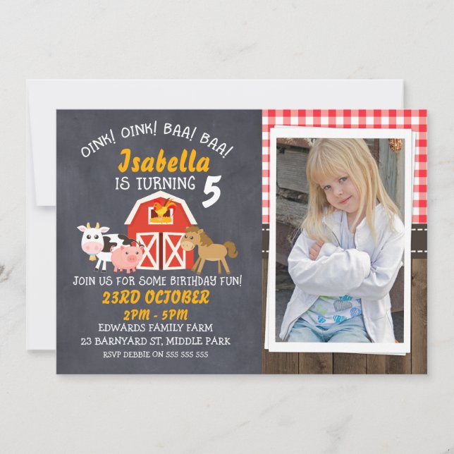 Barnyard Chalkboard Photo Birthday Invitation (Front)