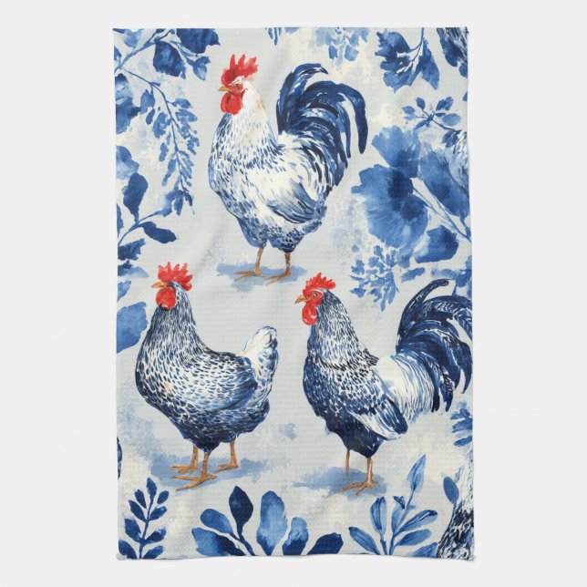 Barnyard Chickens and Botanical Pattern Design Kitchen Towel (Vertical)