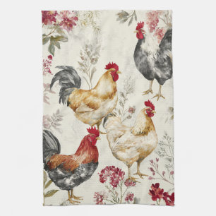 Barnyard Chickens and Botanical Pattern Design Kitchen Towel