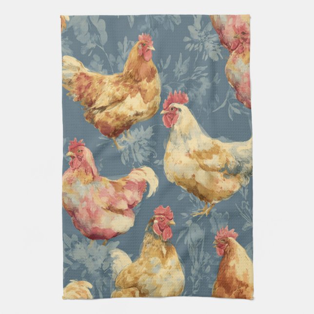 Barnyard Chickens and Botanical Pattern Design Kitchen Towel (Vertical)