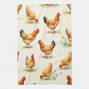 Barnyard Chickens and Botanical Pattern Design Kitchen Towel