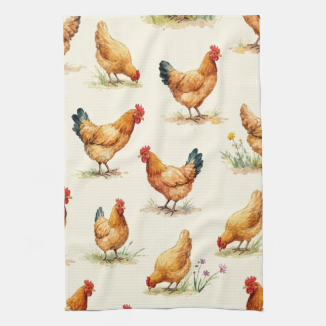 Barnyard Chickens and Botanical Pattern Design Kitchen Towel (Vertical)