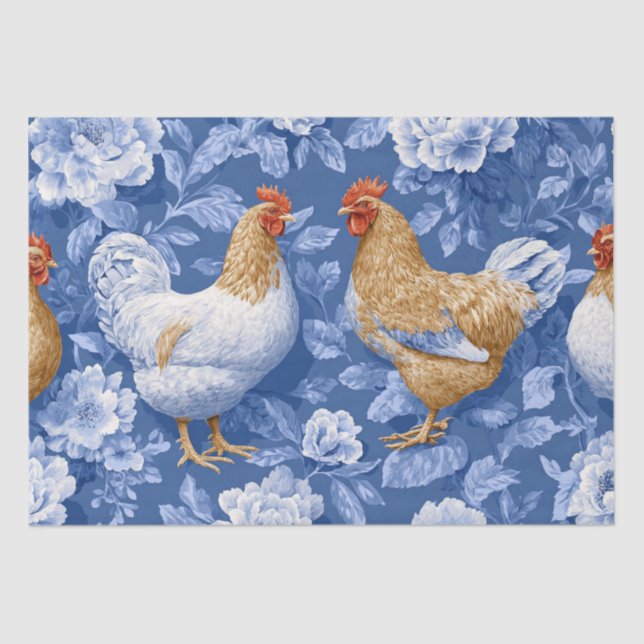 Barnyard Chickens and Botanical Pattern  Tissue Paper (Front)