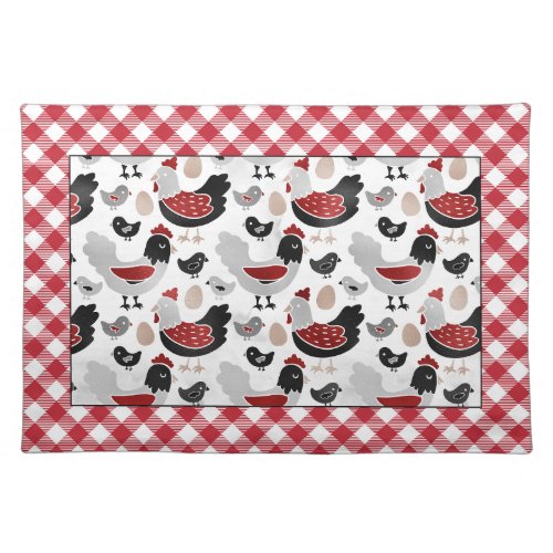 Barnyard Chickens  Red Gingham Cloth Placemat