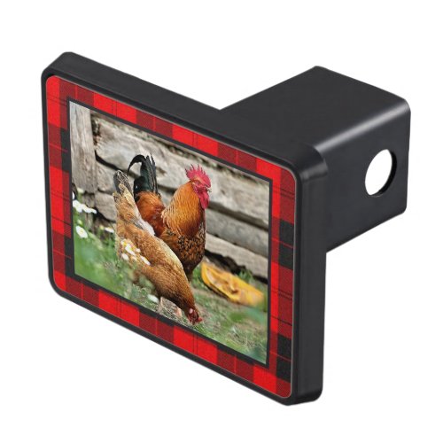 Barnyard Chickens with Buffalo Plaid Border  Hitch Cover