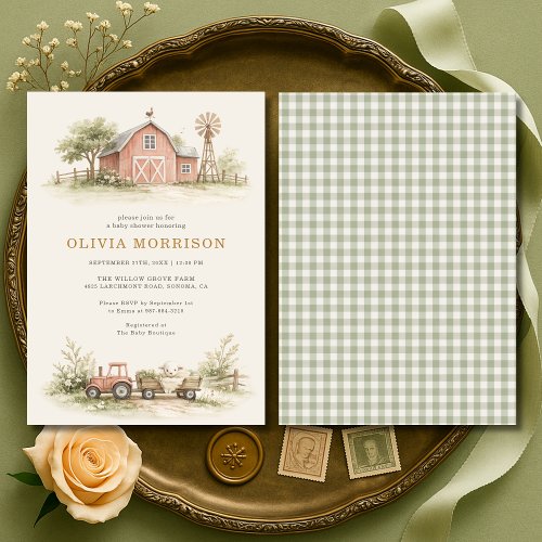 Barnyard Neutral Gingham or plaid baby shower invitation