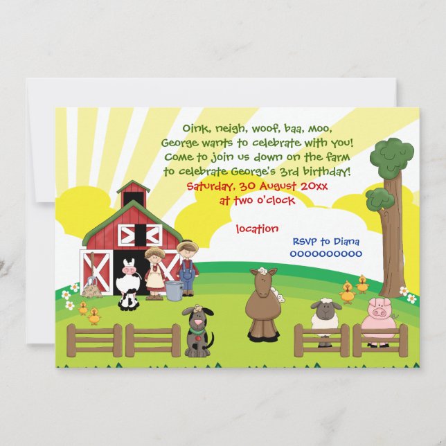 Barnyard farm animal kids birthday invitation (Front)