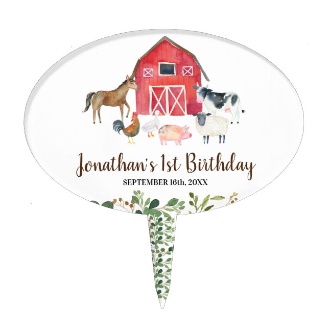 Barnyard Farm Animals 1st Birthday Cake Topper (Front)