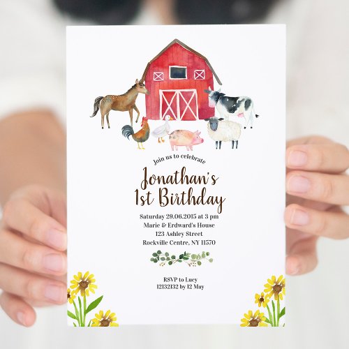 Barnyard Farm Animals 1st Birthday Invitation