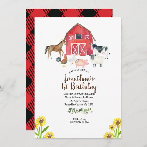 Barnyard Farm Animals 1st Birthday Invitation