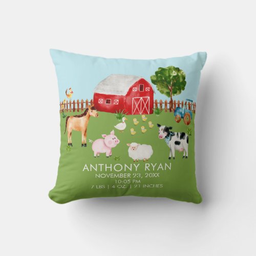 Barnyard Farm Animals Baby Birth Stats Pillow - Farm animals pillow for a baby boy or baby girl.  Easy to personalize with baby's birth stats!   Matching items available in our shop.