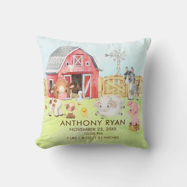 Barnyard Farm Animals Baby Birth Stats Pillow (Front)