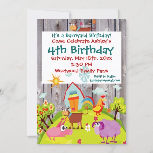 Barnyard Farm Animals Barnwood Birthday Invitation