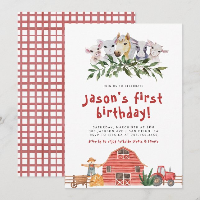 Barnyard Farm Animals Birthday Parade Watercolor I Invitation (Front/Back)