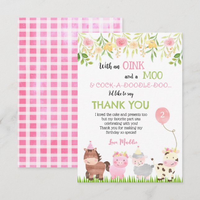 Barnyard Farm Animals Birthday Thank You Cards (Front/Back)