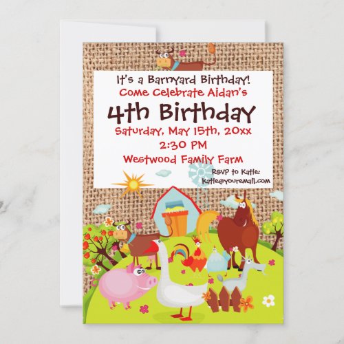 Barnyard Farm Animals Burlap Birthday Invitation
