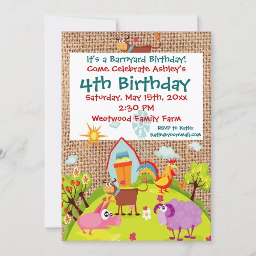 Barnyard Farm Animals Burlap Birthday Invitations