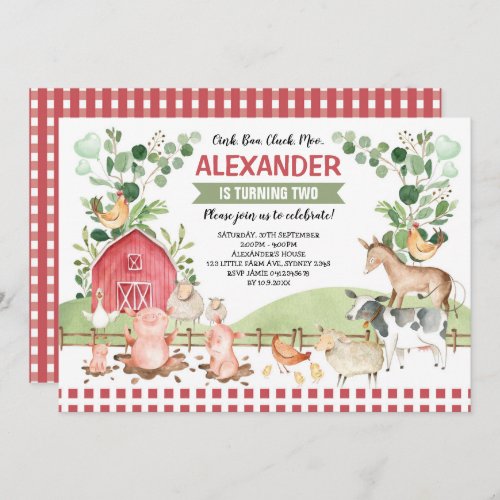 Barnyard Farm Animals Greenery Birthday Party Invitation