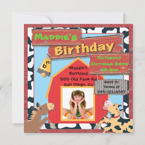 Barnyard Farm Animals Photo Insert Birthday Party Custom Invitations