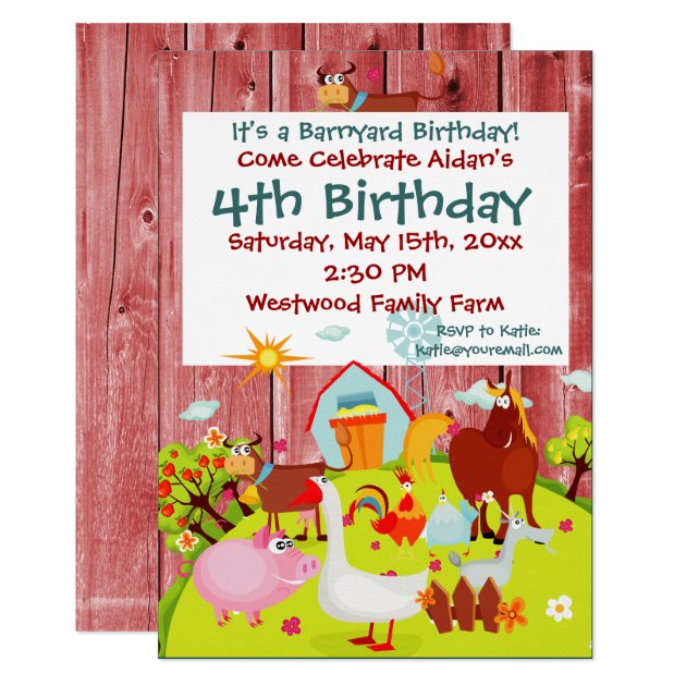Barnyard Farm Animals Red Wood Birthday Invitation