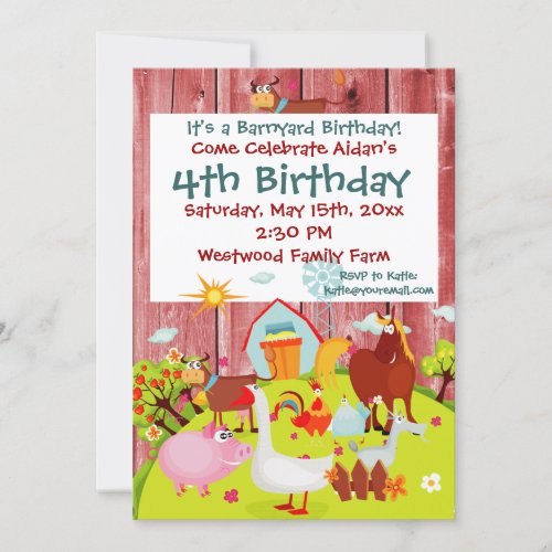 Barnyard Farm Animals Red Wood Birthday Invitation