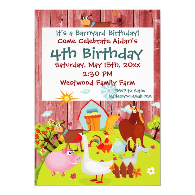 Barnyard Farm Animals Red Wood Birthday Invitation