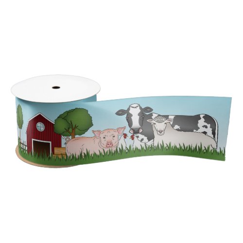 Barnyard Farm Animals With Red Barn And Blue Sky Satin Ribbon