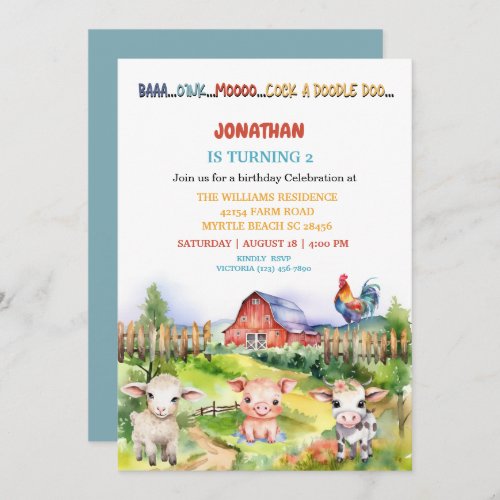 Barnyard Farm Theme Boys 2nd Birthday Party Invitation