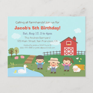 Barnyard Farmhands Kids Birthday Party Invitations