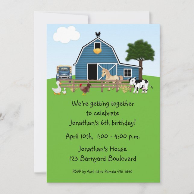 Barnyard Friends, Green, Birthday Invitation (Front)