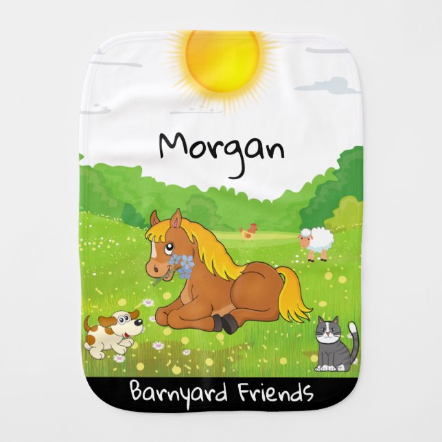 Barnyard Friends Pony, Cat, Dog, Chicken, Lamb  Baby Burp Cloth (Front)