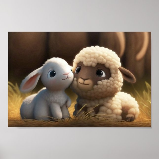 Barnyard Friends Series - Cute Bunny and Lamb Poster (Front)