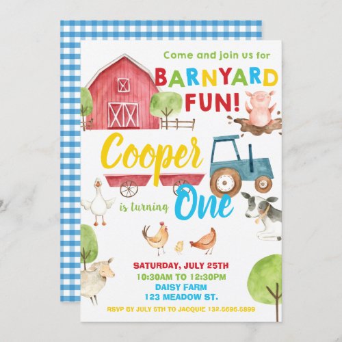 Barnyard Fun 1st Birthday Party Farm Animals Blue Invitation