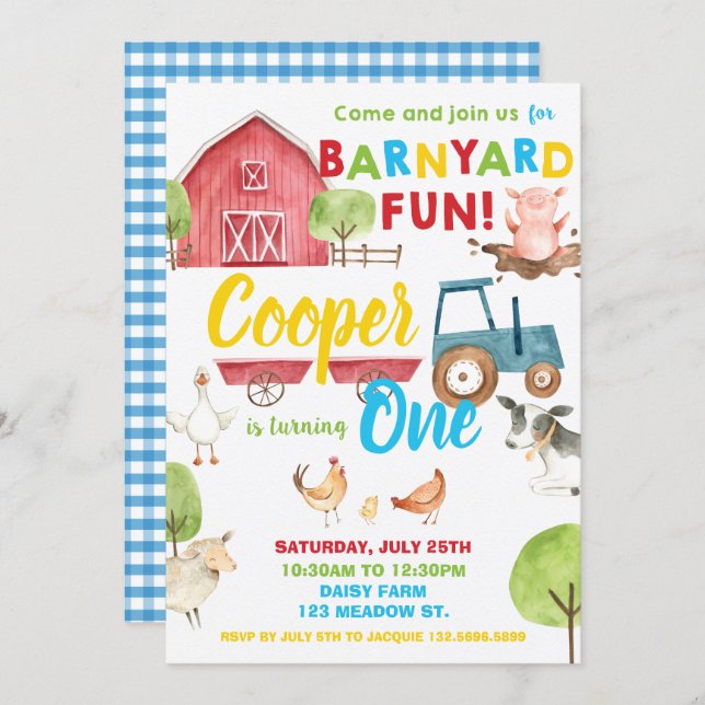 Barnyard Fun 1st Birthday Party Farm Animals Invitation (Front/Back)