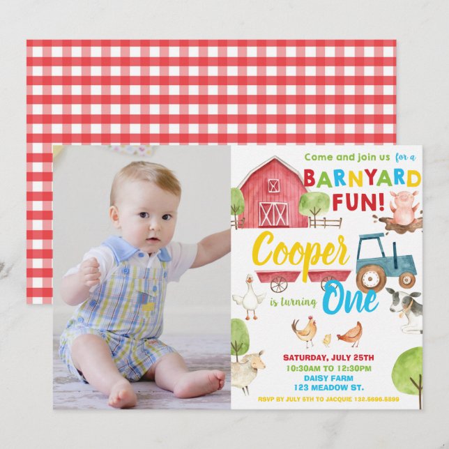 Barnyard Fun 1st Birthday Party Farm Animals Photo Invitation (Front/Back)