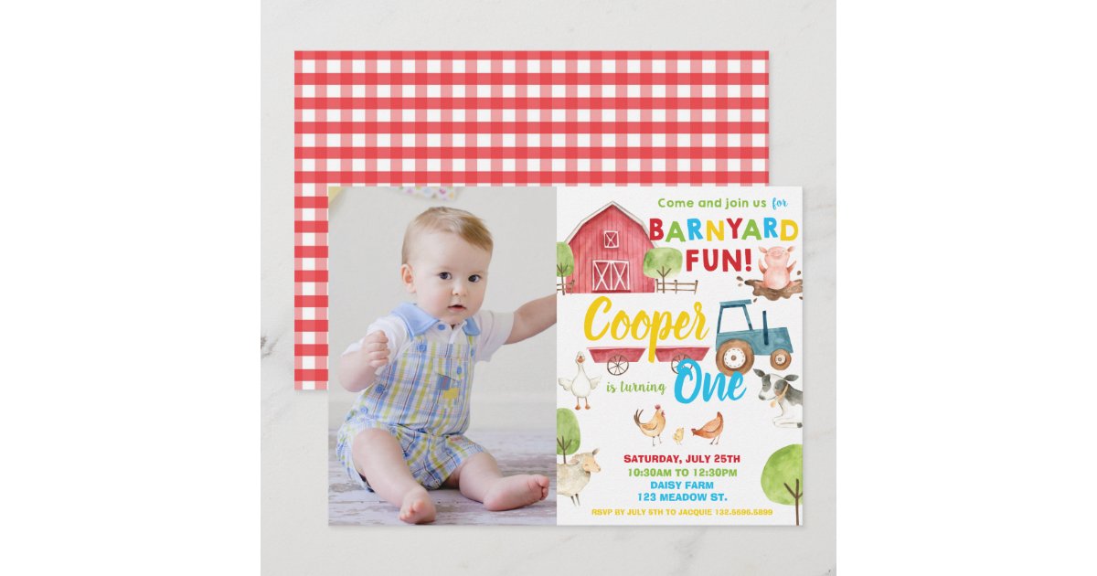 Barnyard Fun 1st Birthday Party Farm Animals Photo Invitation | Zazzle