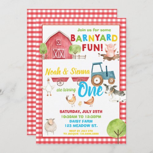 Barnyard Fun 1st Birthday Party Farm Animals Twins Invitation