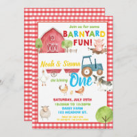 Barnyard Fun 1st Birthday Party Farm Animals Twins Invitation