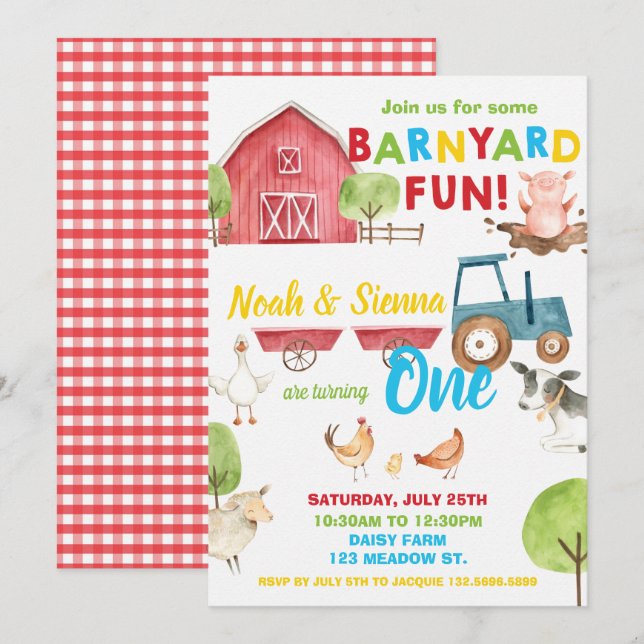 Barnyard Fun 1st Birthday Party Farm Animals Twins Invitation (Front/Back)