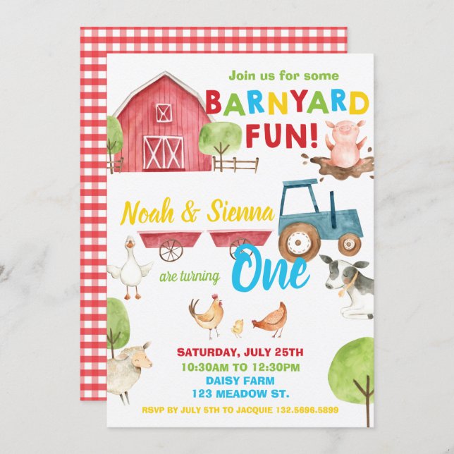 Barnyard Fun 1st Birthday Party Farm Animals Twins Invitation (Front/Back)
