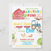 Barnyard Fun 1st Birthday Party Farm Animals Twins Invitation (Front)
