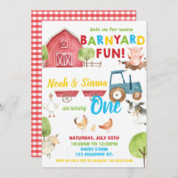 Barnyard Fun 1st Birthday Party Farm Animals Twins Invitation