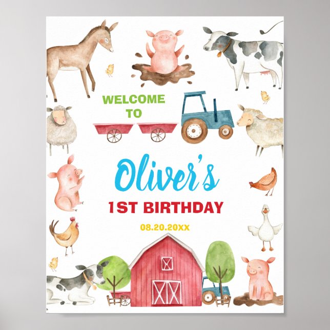 Barnyard Fun Party Farm Animal Birthday Welcome Poster (Front)