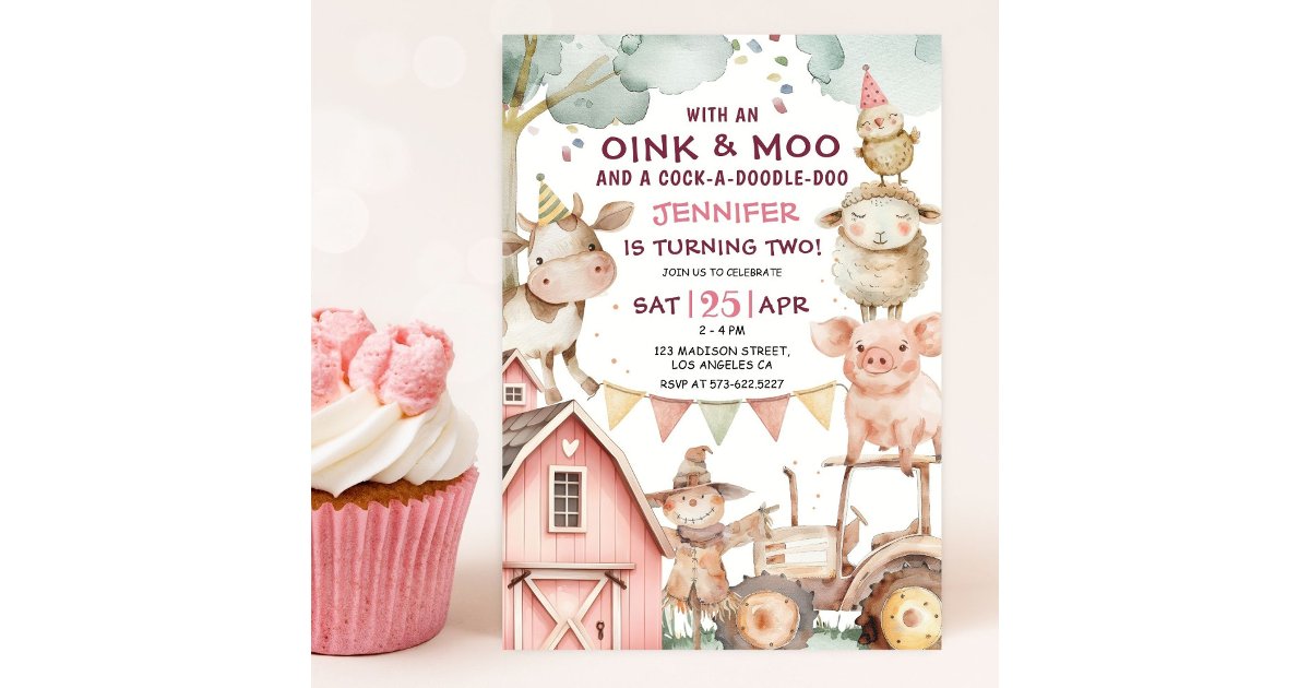 Barnyard Girl Pink Farm 2nd Birthday Invitation | Zazzle