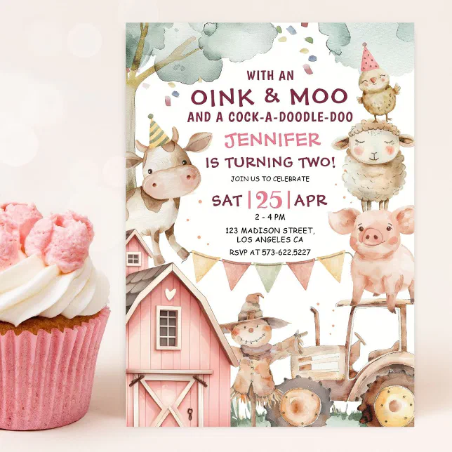 Barnyard Girl Pink Farm 2nd Birthday Invitation | Zazzle