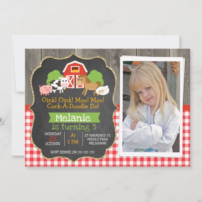 Barnyard Part Chalkboard Photo Birthday Invitation (Front)